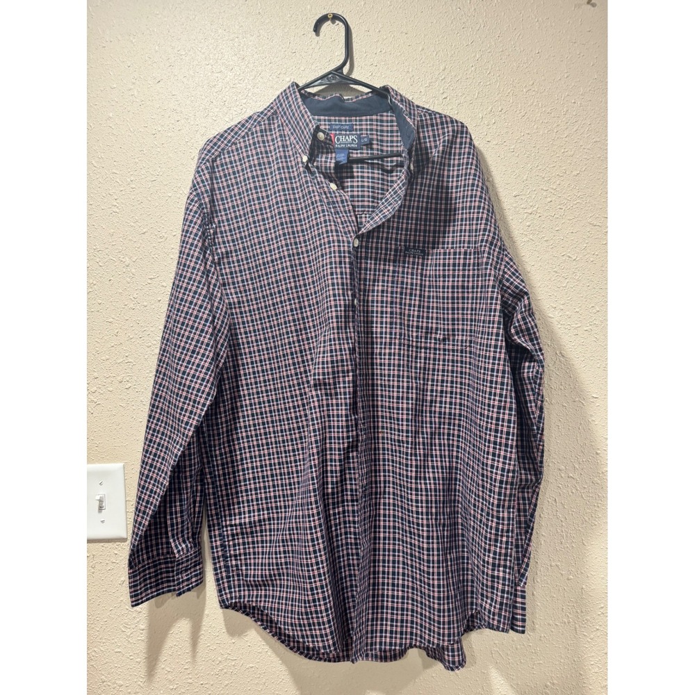 Chaps Ralph Lauren Mens Large Easy Care Plaid Button Down Shirt Navy Red White